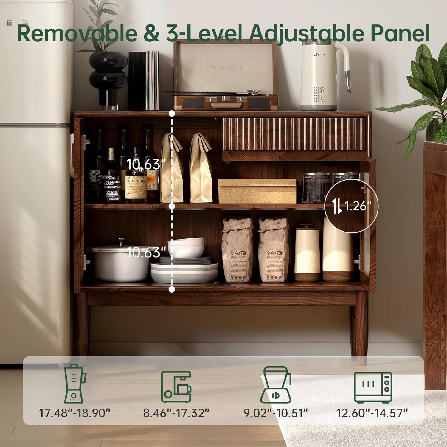 Oak Solid Wood Sideboard Cabinet with Fluted Glass Doors