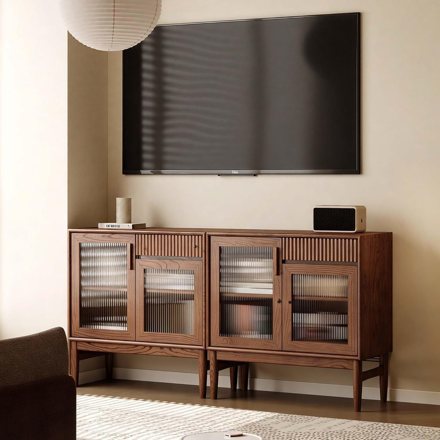Oak Solid Wood Sideboard Cabinet with Fluted Glass Doors
