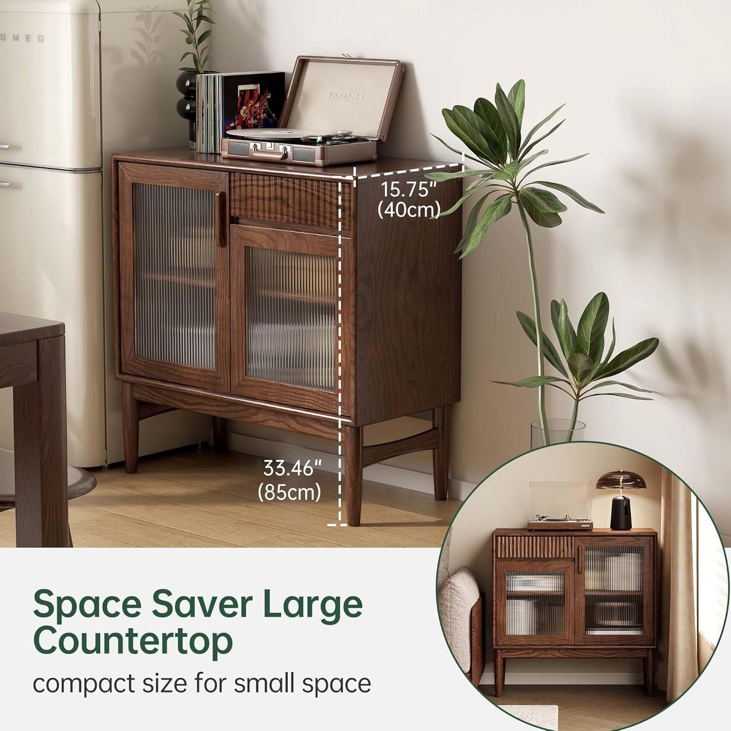 Oak Solid Wood Sideboard Cabinet with Fluted Glass Doors