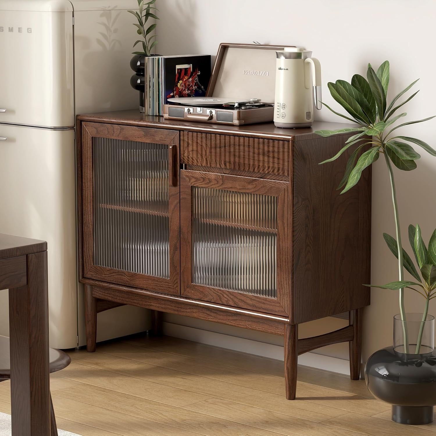 Oak Solid Wood Sideboard Cabinet with Fluted Glass Doors