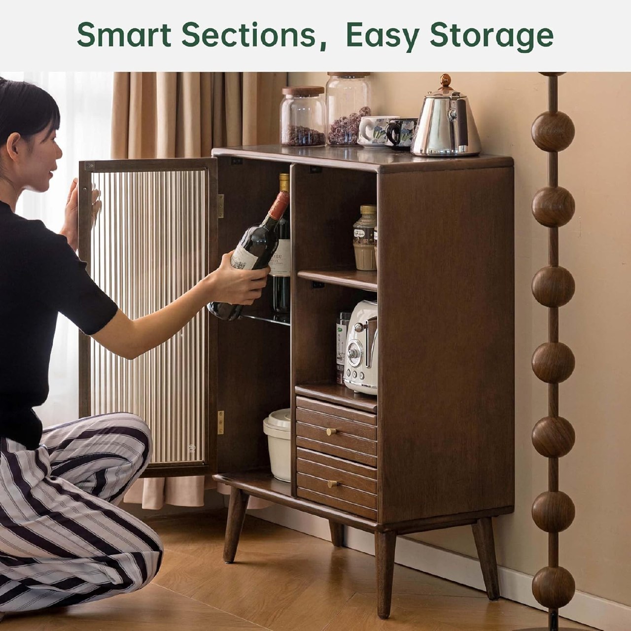 Oak Solid Wood, Solid RubberWood Sideboard Cabinet with Drawer, Display Cabinet