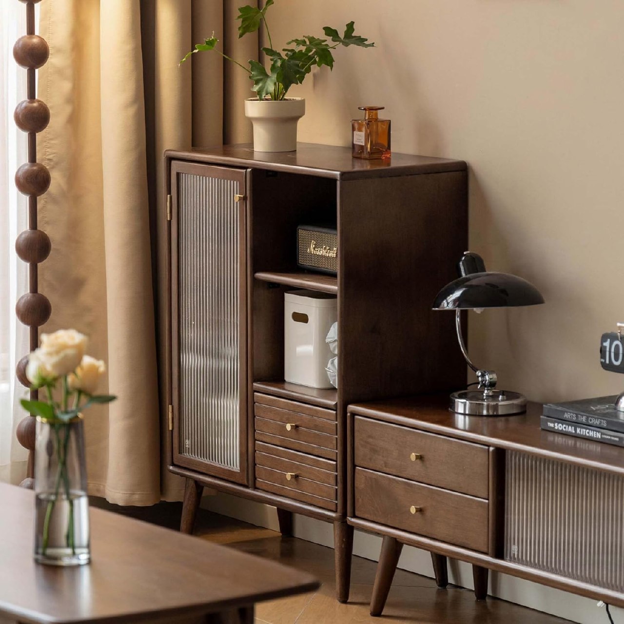 Oak Solid Wood, Solid RubberWood Sideboard Cabinet with Drawer, Display Cabinet