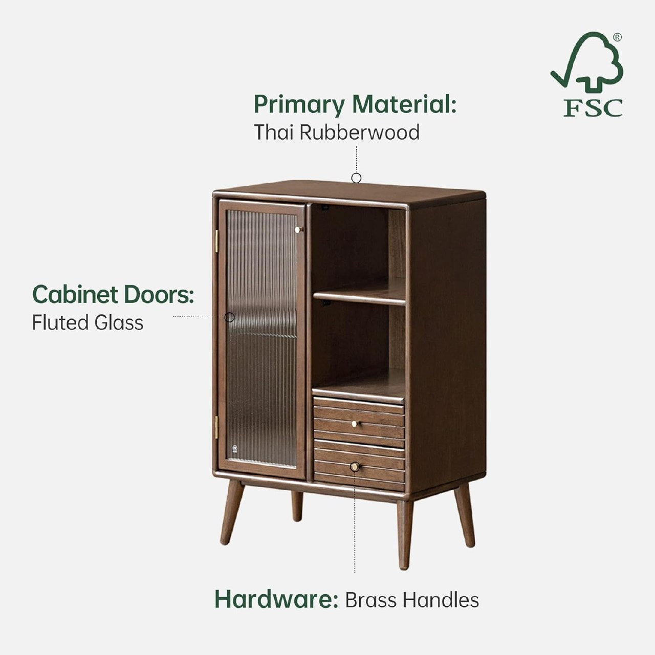 Oak Solid Wood, Solid RubberWood Sideboard Cabinet with Drawer, Display Cabinet