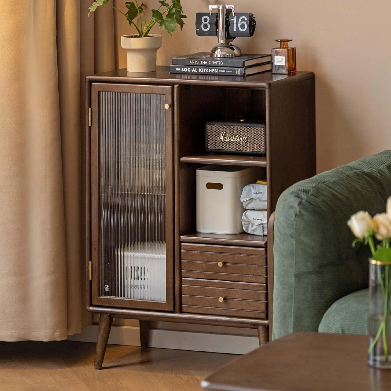 Oak Solid Wood, Solid RubberWood Sideboard Cabinet with Drawer, Display Cabinet