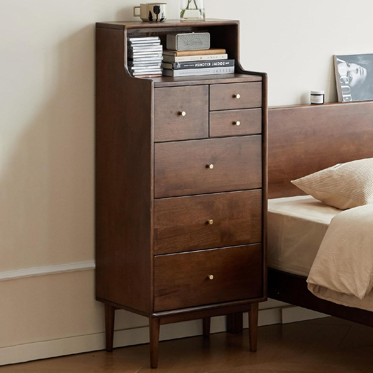 Solid rubberwood Tallboy Dresser with Open Shelf Hutch