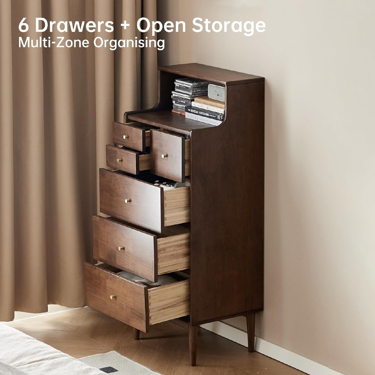 Solid rubberwood Tallboy Dresser with Open Shelf Hutch