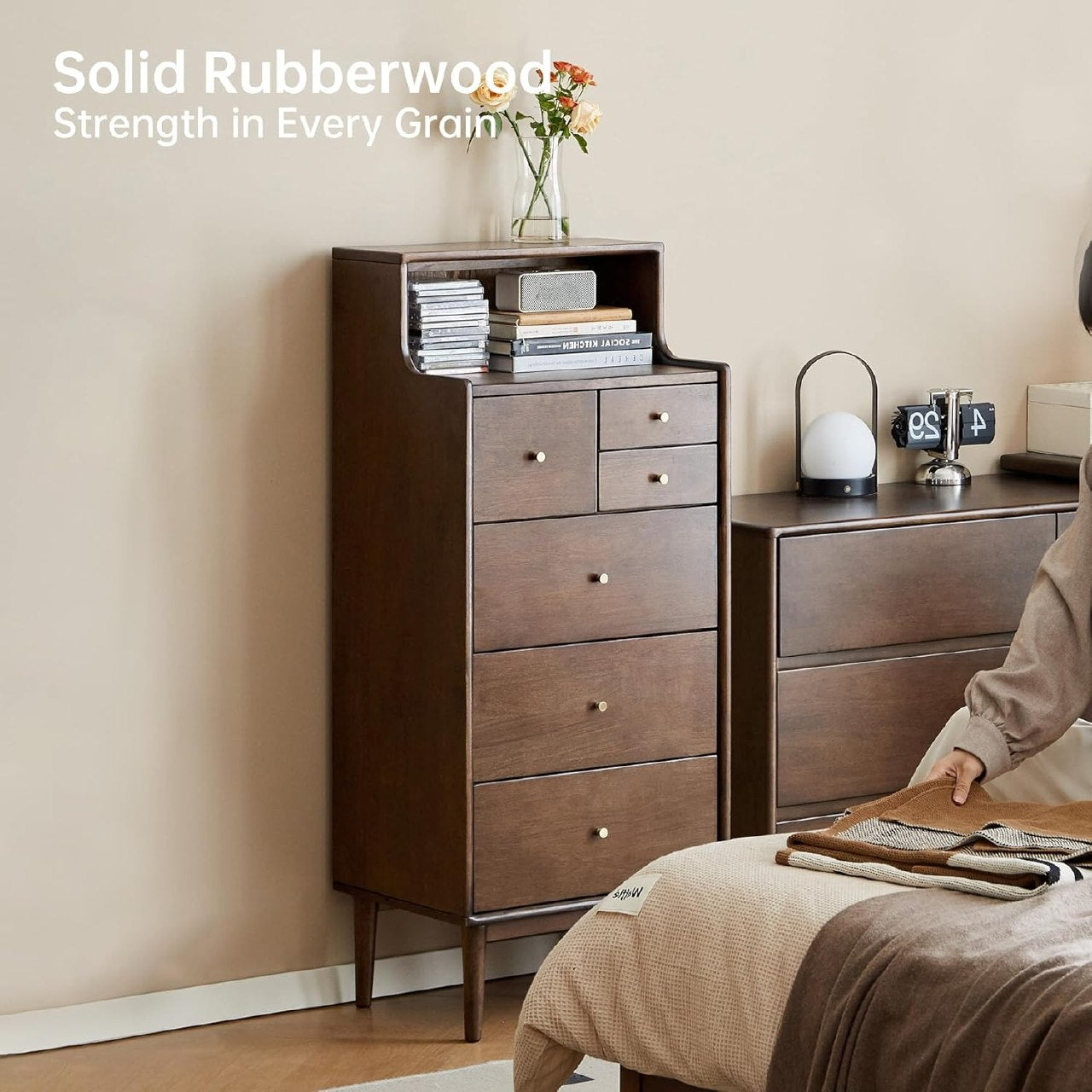 Solid rubberwood Tallboy Dresser with Open Shelf Hutch