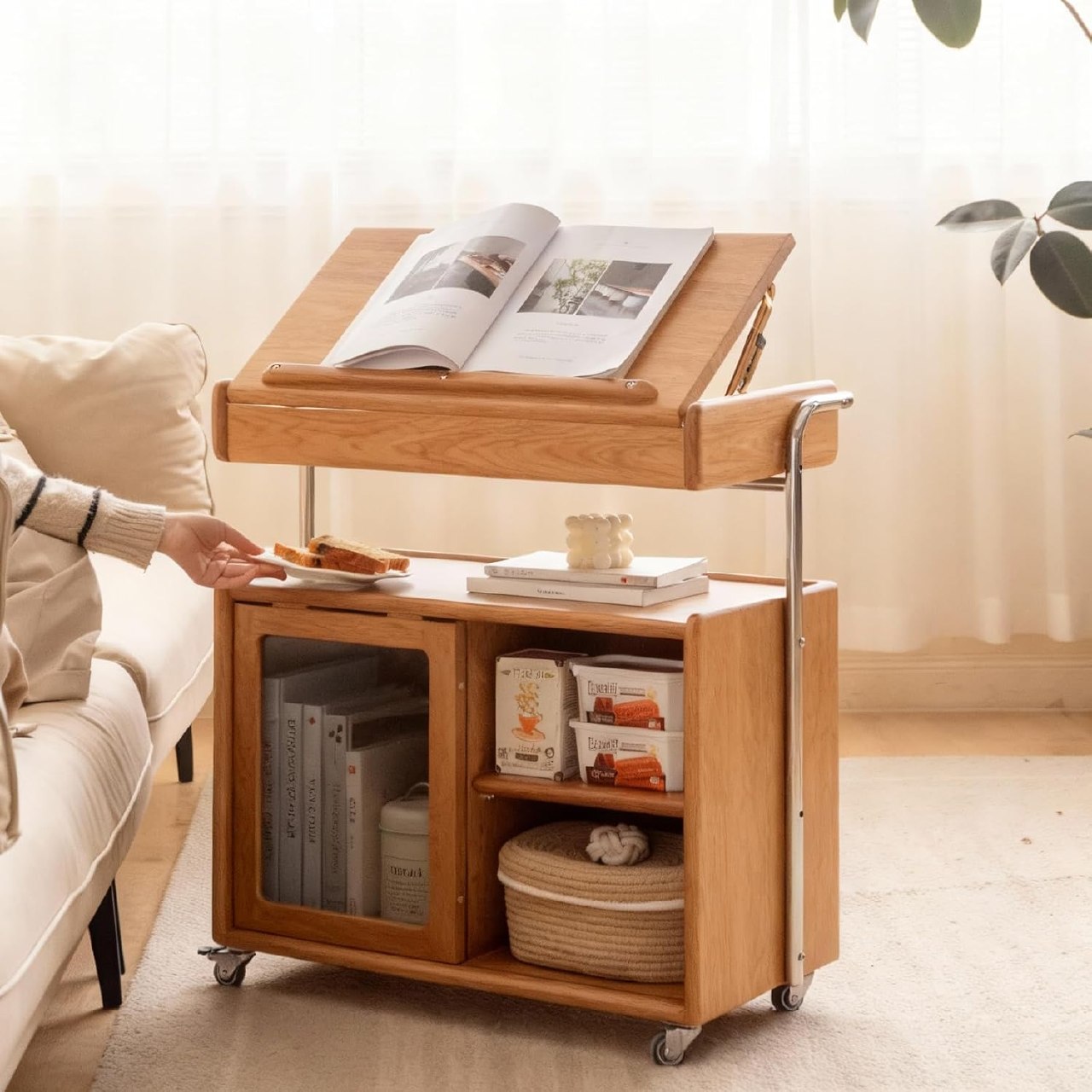 Oak, Poplar Solid Wood Adjustable Lift-Top Mobile Side Cabinet and Integrated Reading Table Design