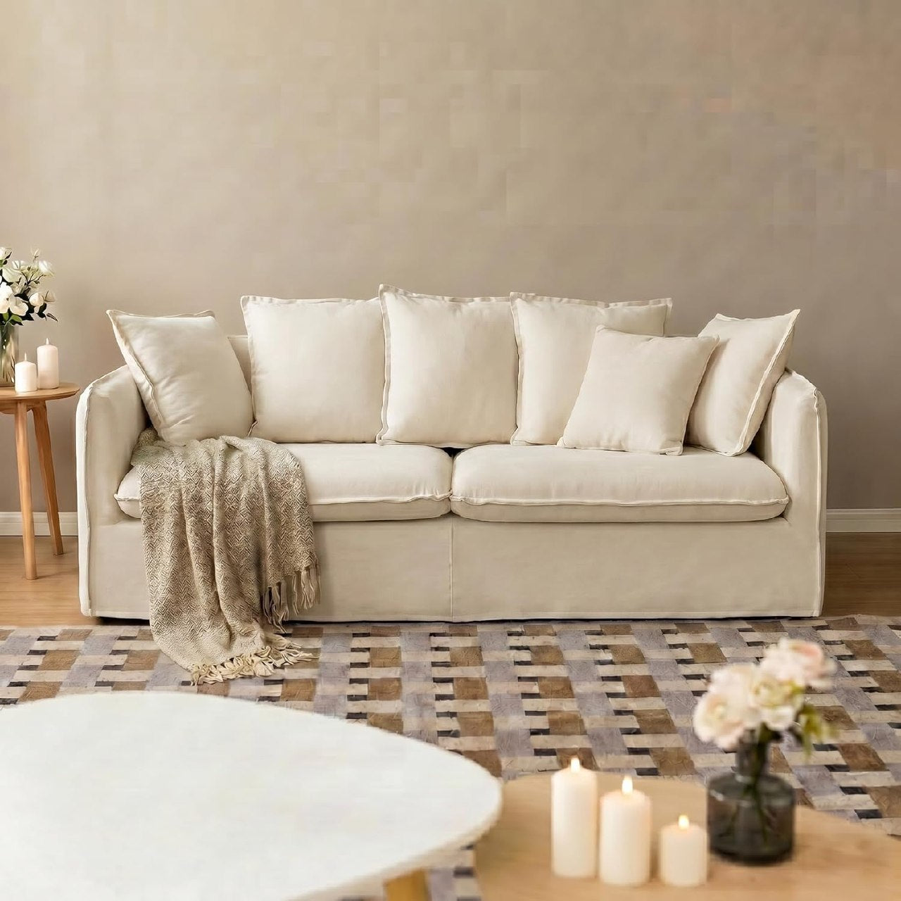 Modern Slipcovered Chenille Loveseat Sofa with Removable Cover, Wide Beige Couch