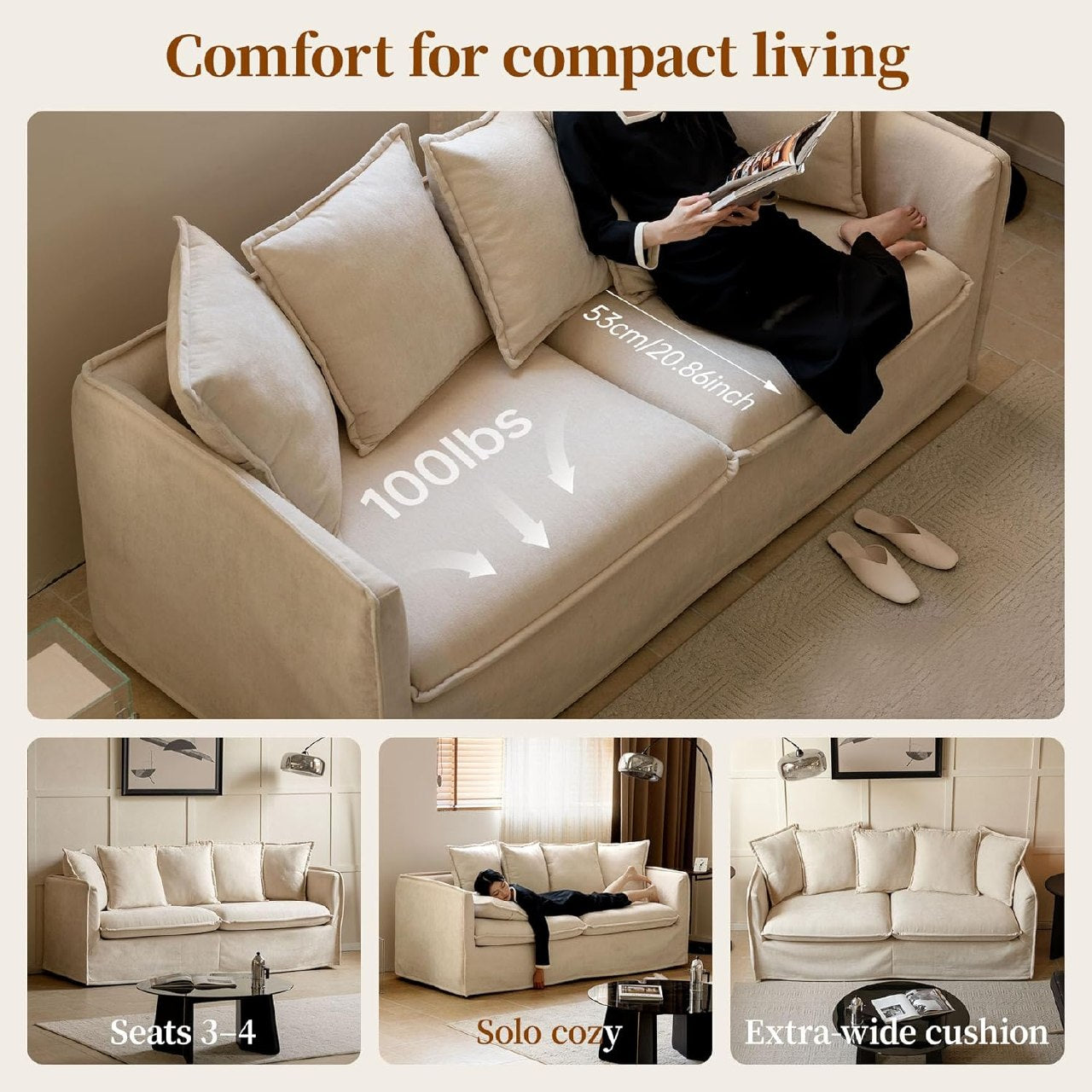 Modern Slipcovered Chenille Loveseat Sofa with Removable Cover, Wide Beige Couch