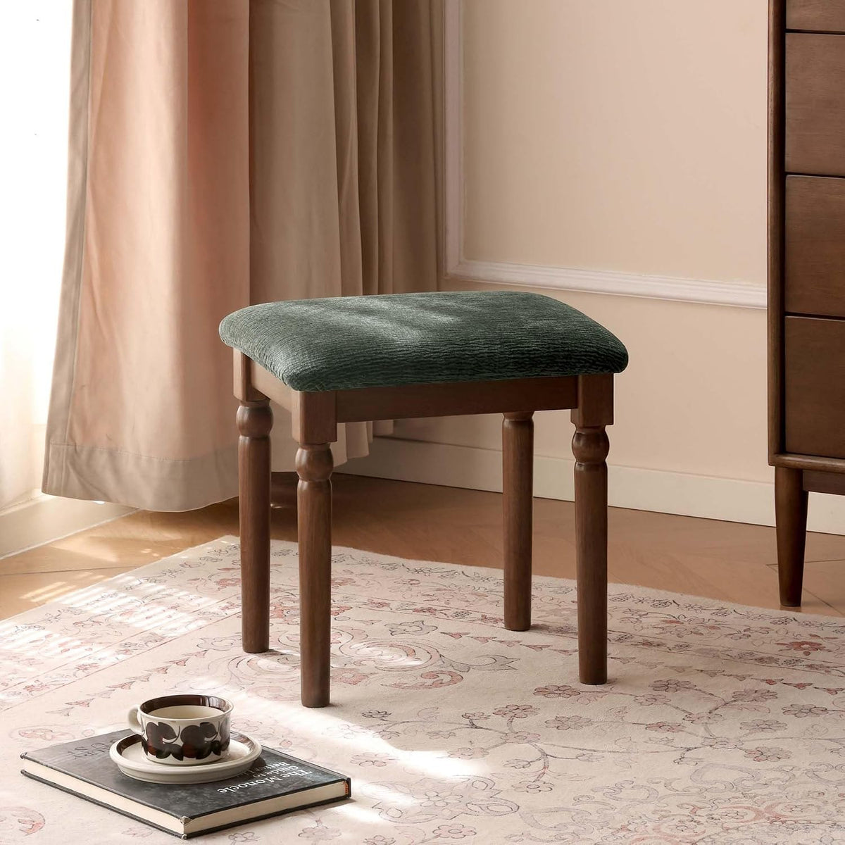 Beech Solid Wood , Rubberwood Traditional Vanity Stool with Turned Legs