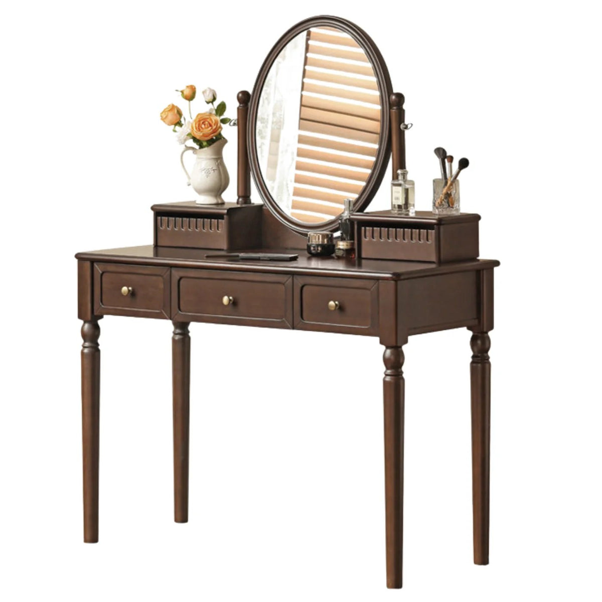 Black Walnut, Catalpa Solid Wood American Vanity Desk with Oval Mirror and Turned Legs