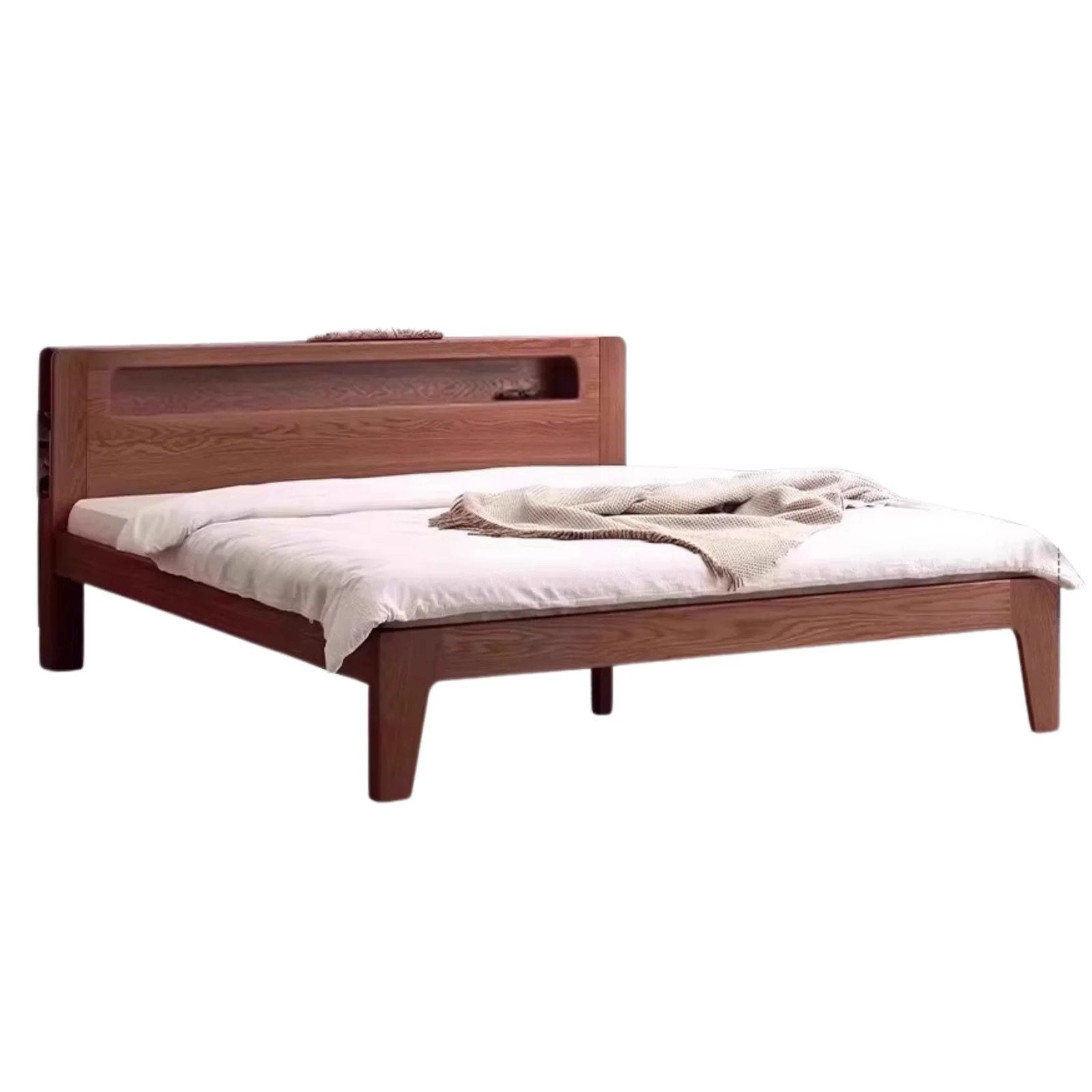 Oak Solid Wood Bed with Light and Bookshelf