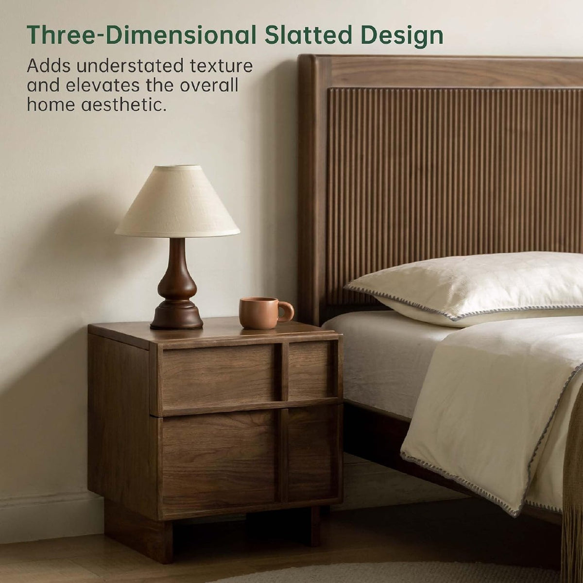 Ash Solid Wood Nightstand with Recessed Drawer Panels, Japandi Style