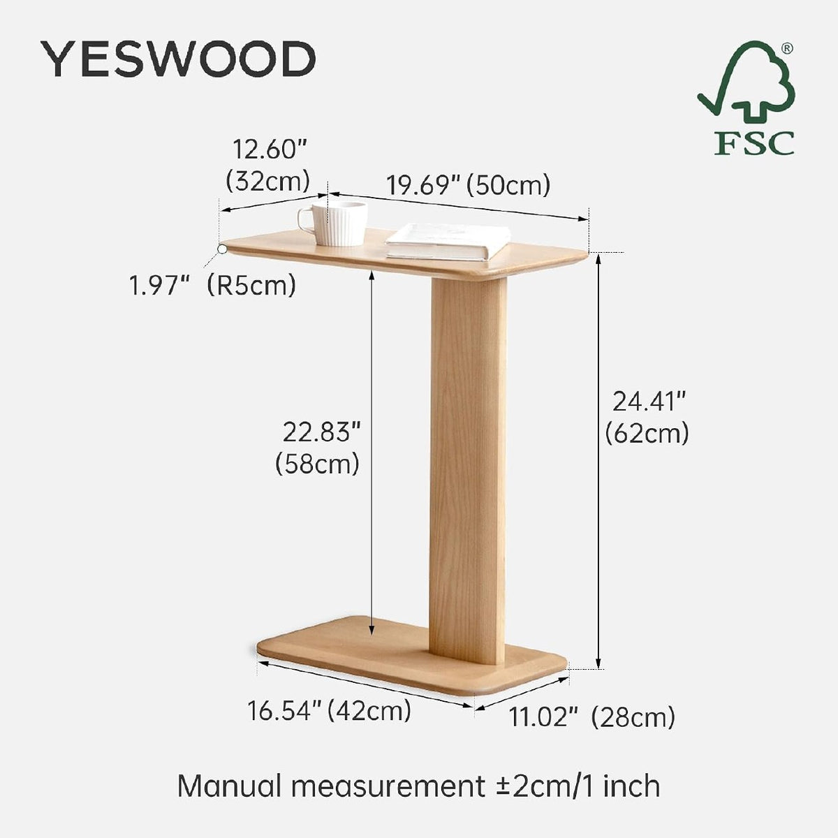 Beech, Solid Rubberwood Chic C-Shaped Side Table