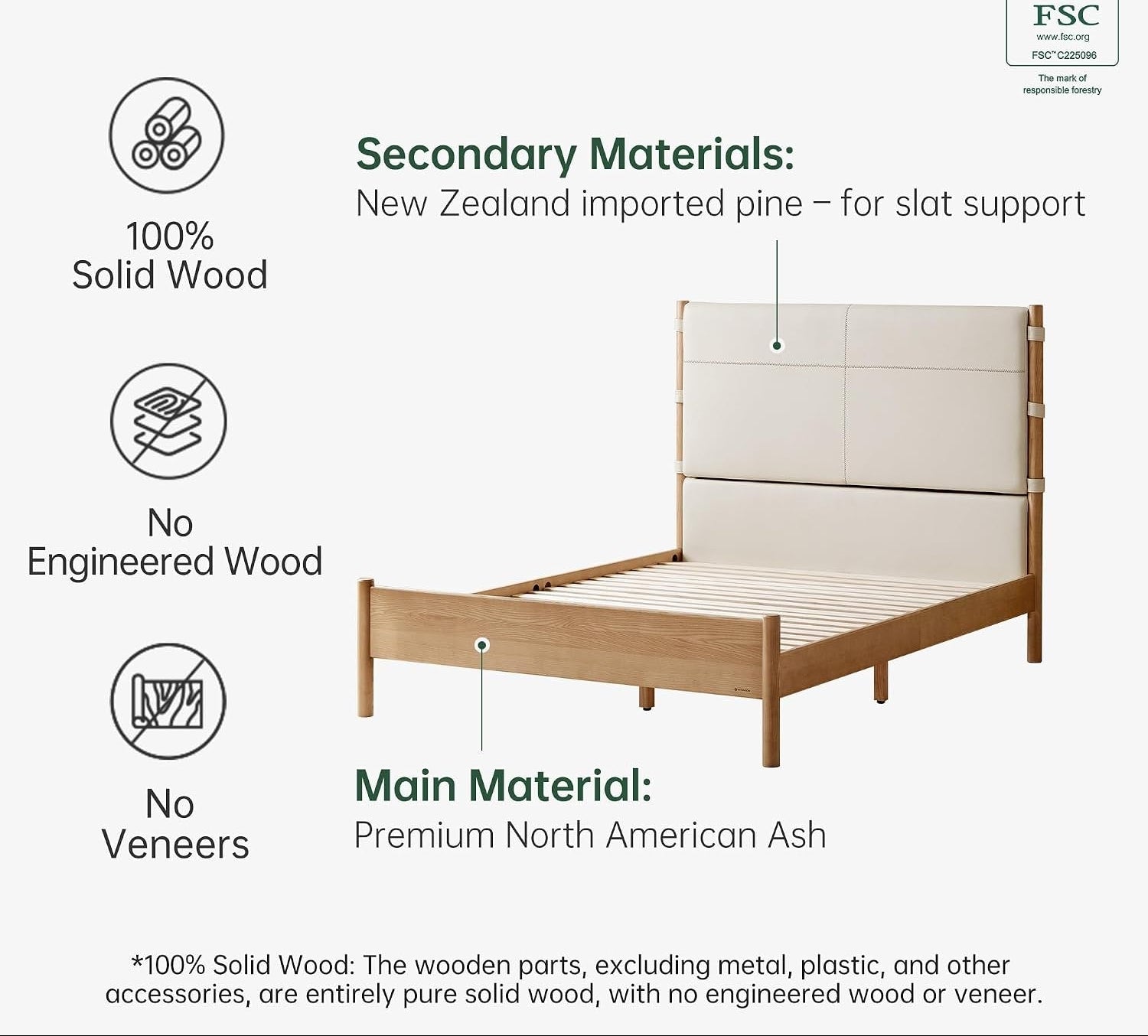 Ash Solid Wood Extra Tall Upholstered Platform Bed with Wood Posts