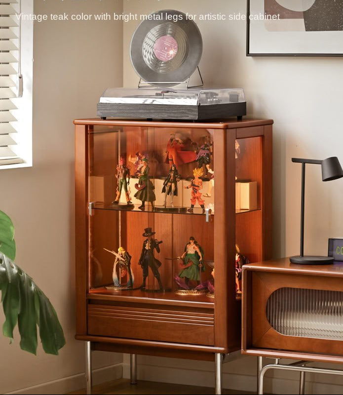 Poplar Solid Wood American Retro Glass Side Cabinet.