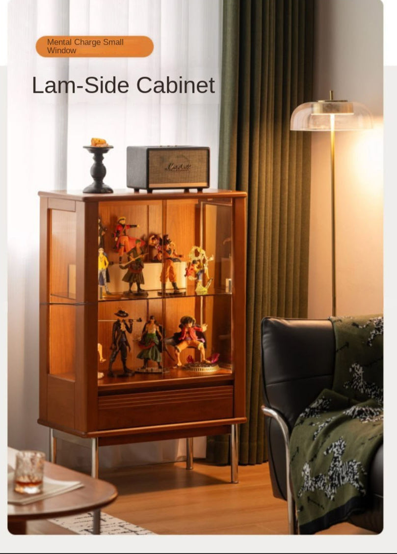 Poplar Solid Wood American Retro Glass Side Cabinet.