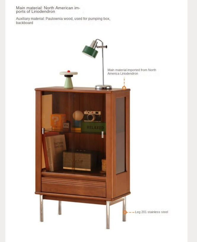 Poplar Solid Wood American Retro Glass Side Cabinet.