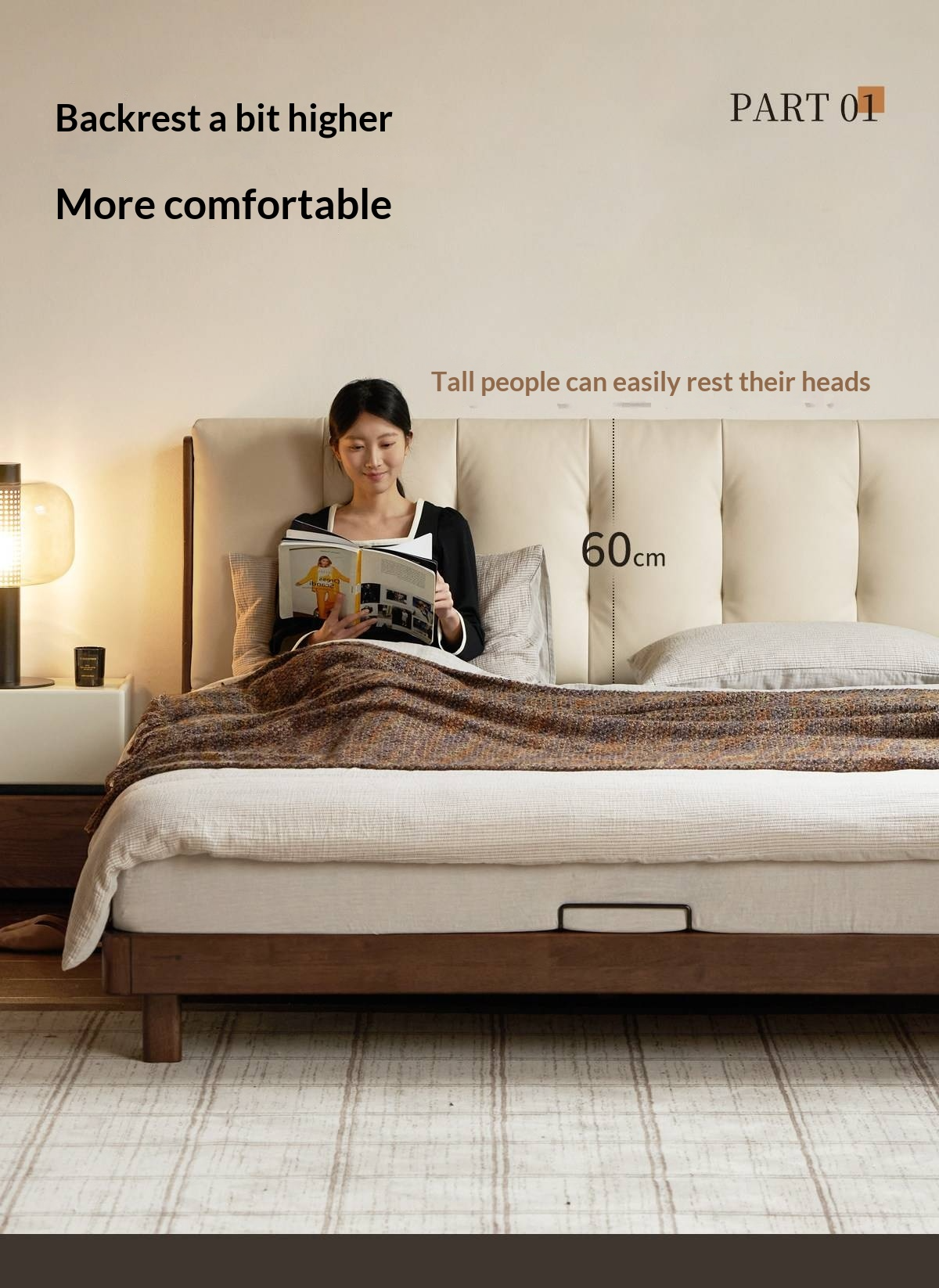 Rubberwood Solid Wood Italian Style Bed with Leather Headboard and Soft Goose Down Cushion