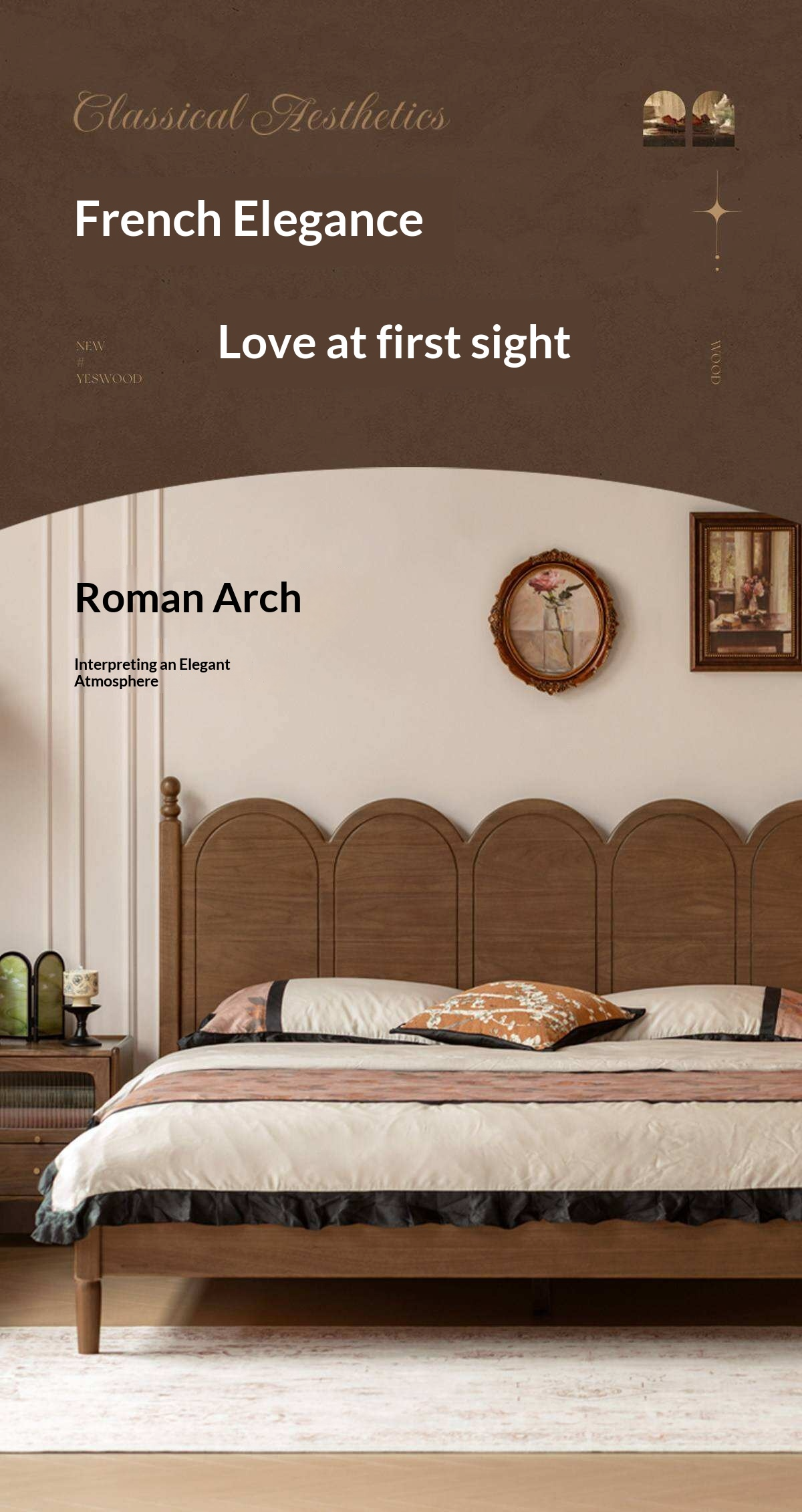 Black Walnut Solid Wood French Country Arched Platform Bed with Turned Posts