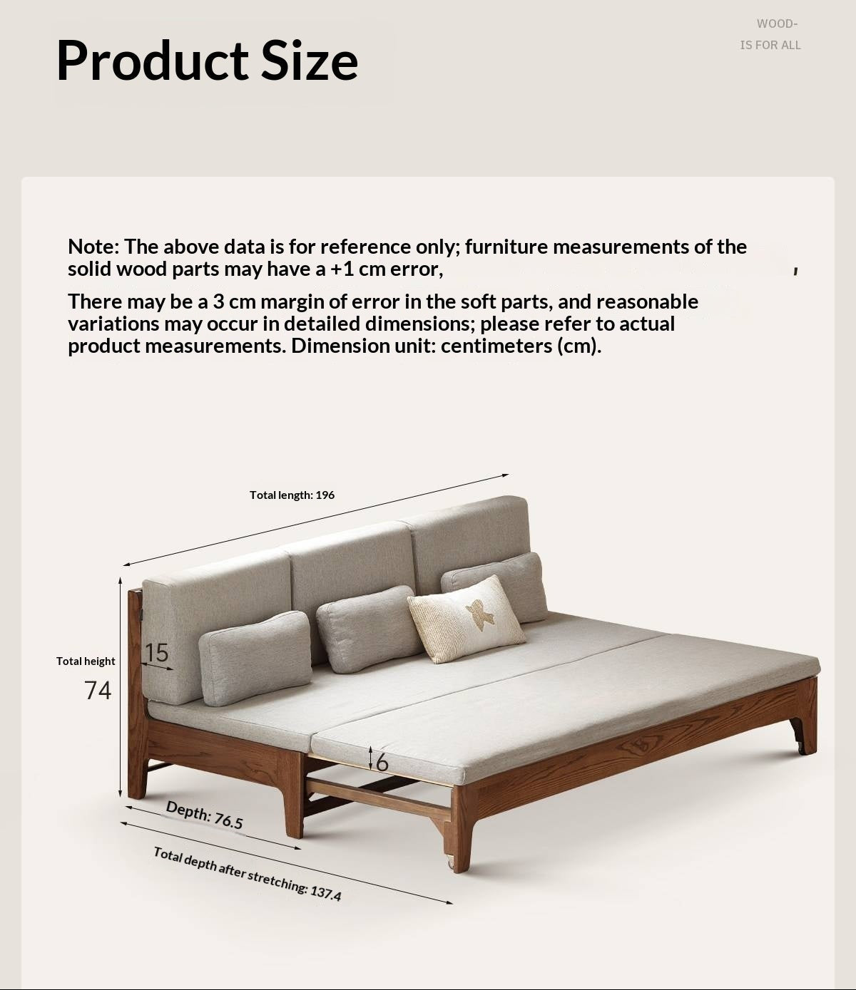 Oak Solid Wood Pull-Out Sofa Bed with Extended Sleeping Platform