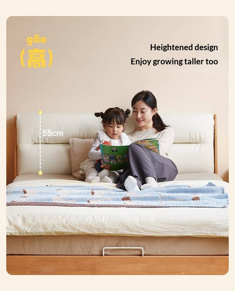 Beech Solid Wood Adjustable Height Kids Bed with Upholstered Segmented Headboard