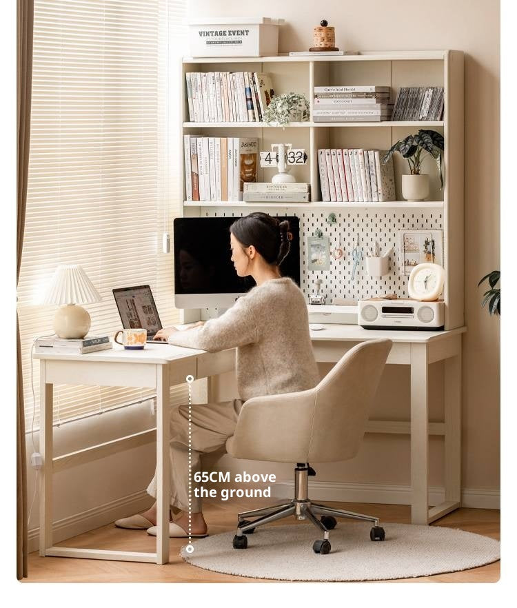 Oak Solid Wood Modern Cream Style Desk and Bookshelf Integrated