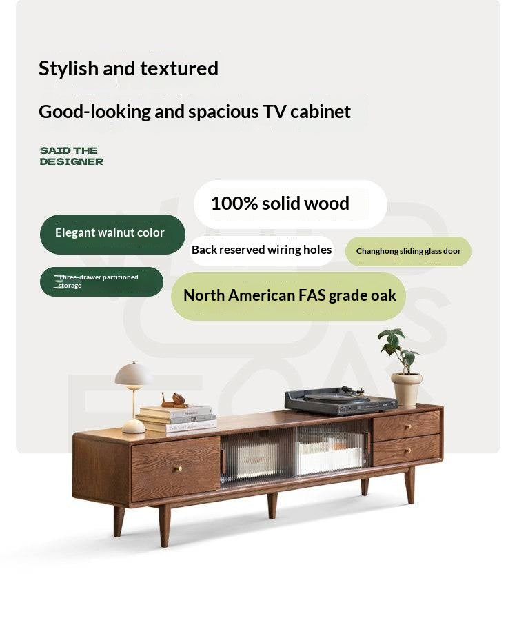 Oak, Solid Rubberwood, Beech Solid Wood TV Stand Glass Sliding Door