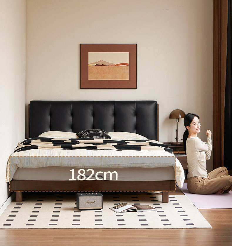 Black Walnut, Rubberwood Solid Wood Leather Upholstered Platform Bed with Vertical Channel Tufted Headboard