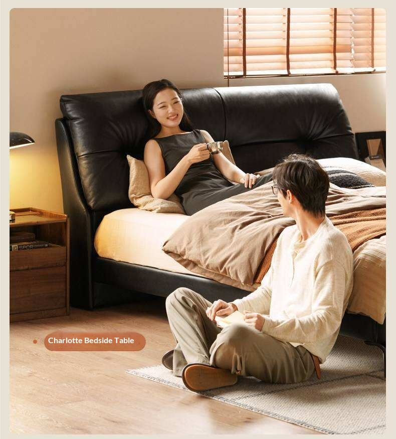 Genuine Leather Platform Bed with Curved Tufted Headboard and Tapered Metal Legs