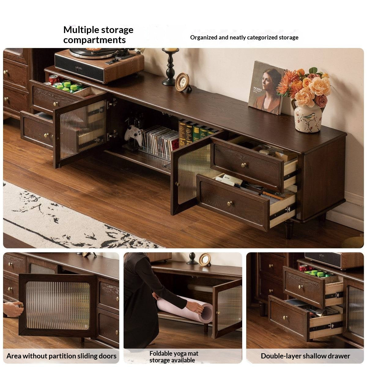 Ash Solid Wood Vintage TV Console with Fluted Glass Doors