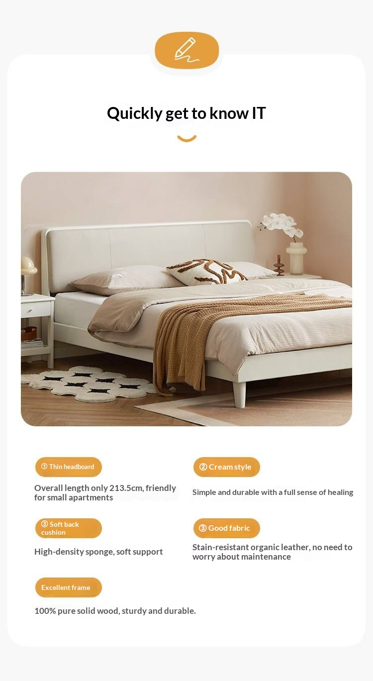 Pine Solid Wood Upholstered Bed — Modern Minimalist White Design, Light Luxury with Organic Leather