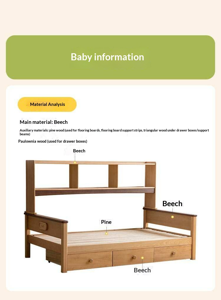 Beech Solid Wood Kids Bed with Bookcase Headboard and Pull-Out Trundle