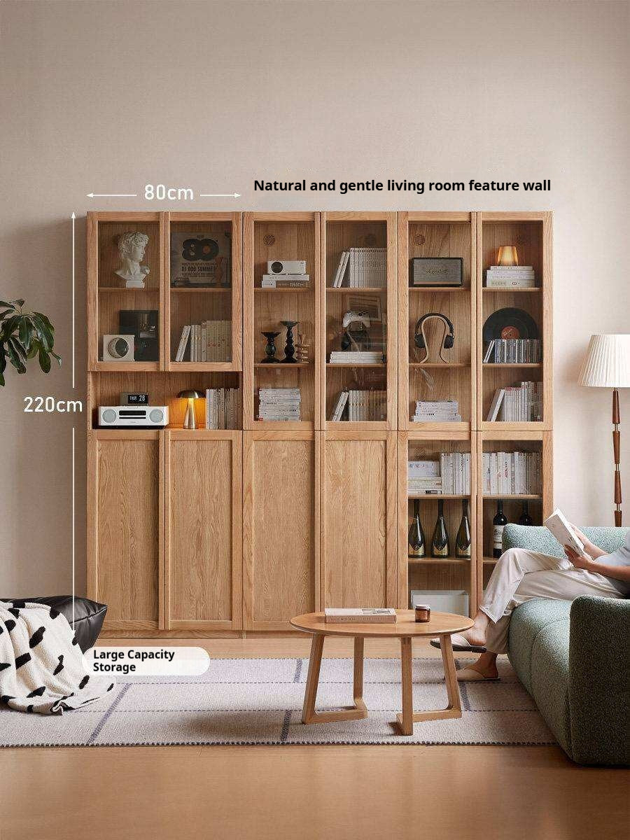 Oak Solid Wood Bookcase with Glass Doors, Large Oak Storage Cabinet for Living Room Display
