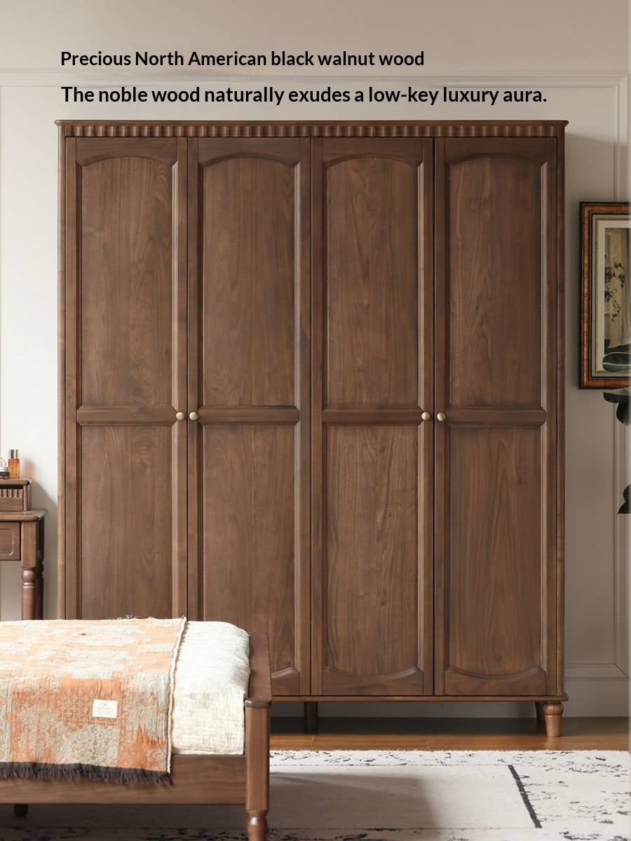 Black Walnut Solid Wood Wardrobe with American Retro Style and Light Luxury Finish