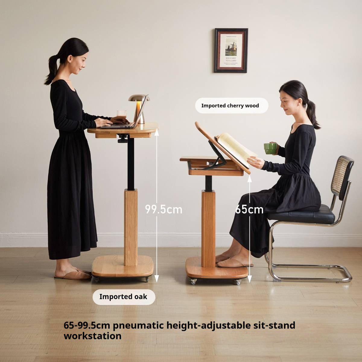 Cherry, Oak Solid Wood Elevating Desk Study Unit Mobile Desk