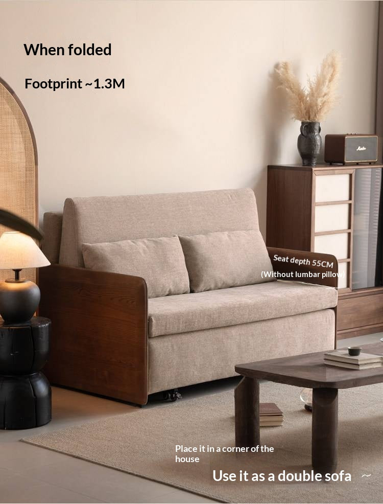 Ash Solid Wood Convertible Sofa Bed with Wood Frame and Adjustable Backrest on Wheels
