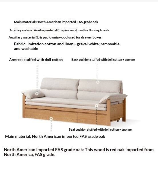 Oak Solid Wood Sofa Bed with Under-Seat Storage Drawers