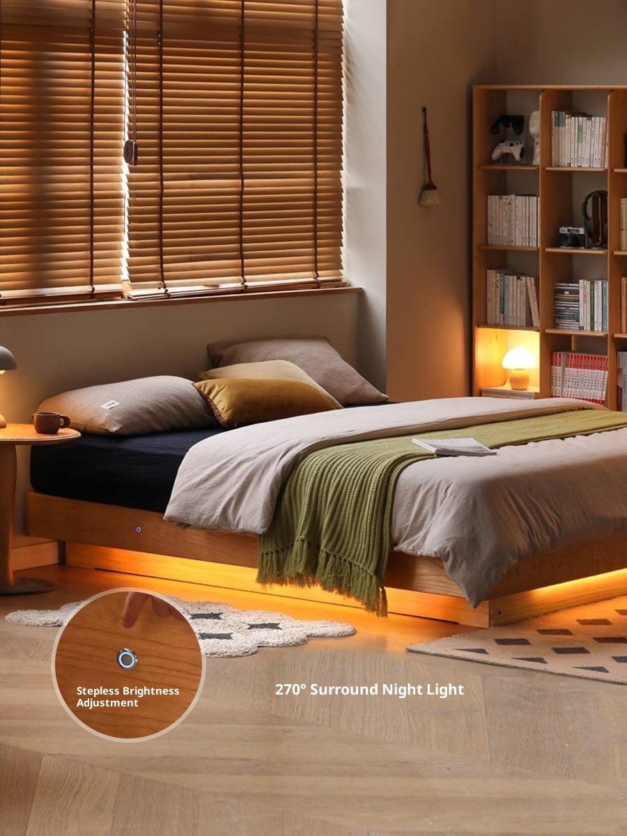 Cherry Solid Wood Floating Platform Box Bed, Headboard-Free Bed