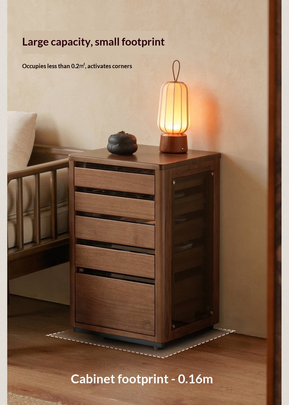 Black Walnut Solid Wood Tea Set Storage Rolling Side Cabinet with Fluted Drawers