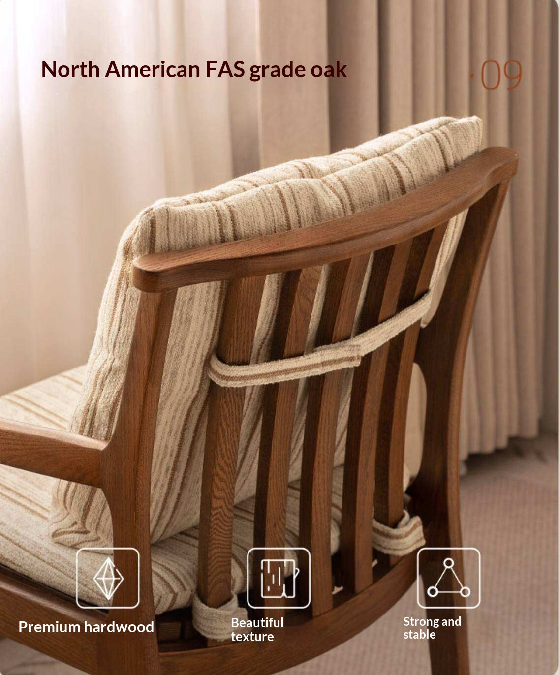 Oak Solid Wood Armchair, dual Reading Chair with Sculpted Back, Home Office Desk Chair