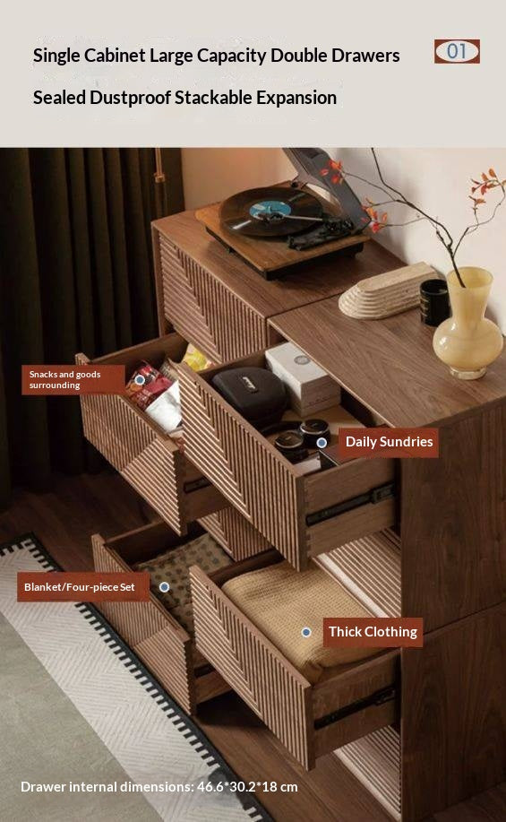 Black Walnut, Sandalwood Solid Wood Modular Storage Cabinet, Mid Century Dresser with Geometric Front Design