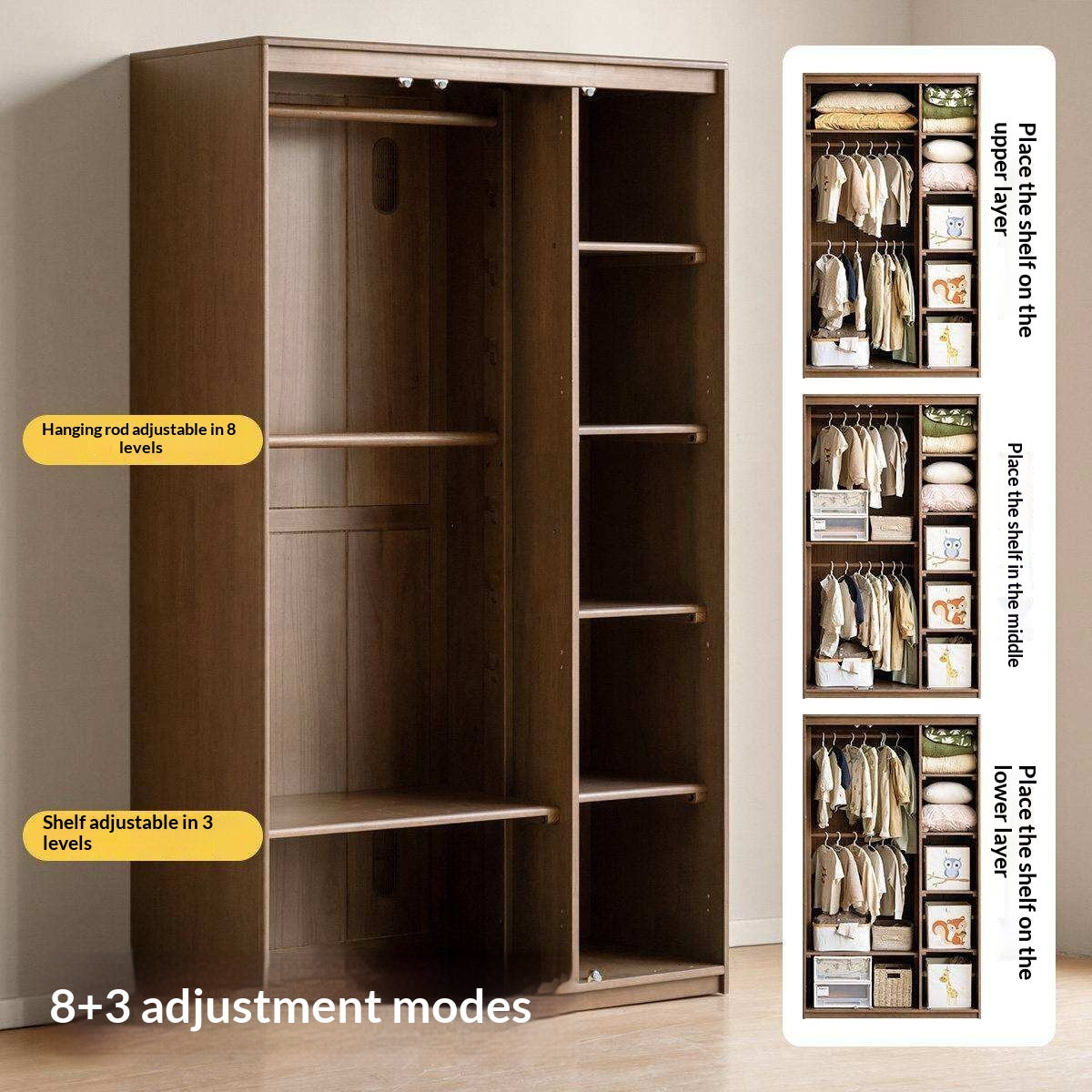 Solid RubberWood Kids Wardrobe Closet with Bear Handles and Storage Drawers