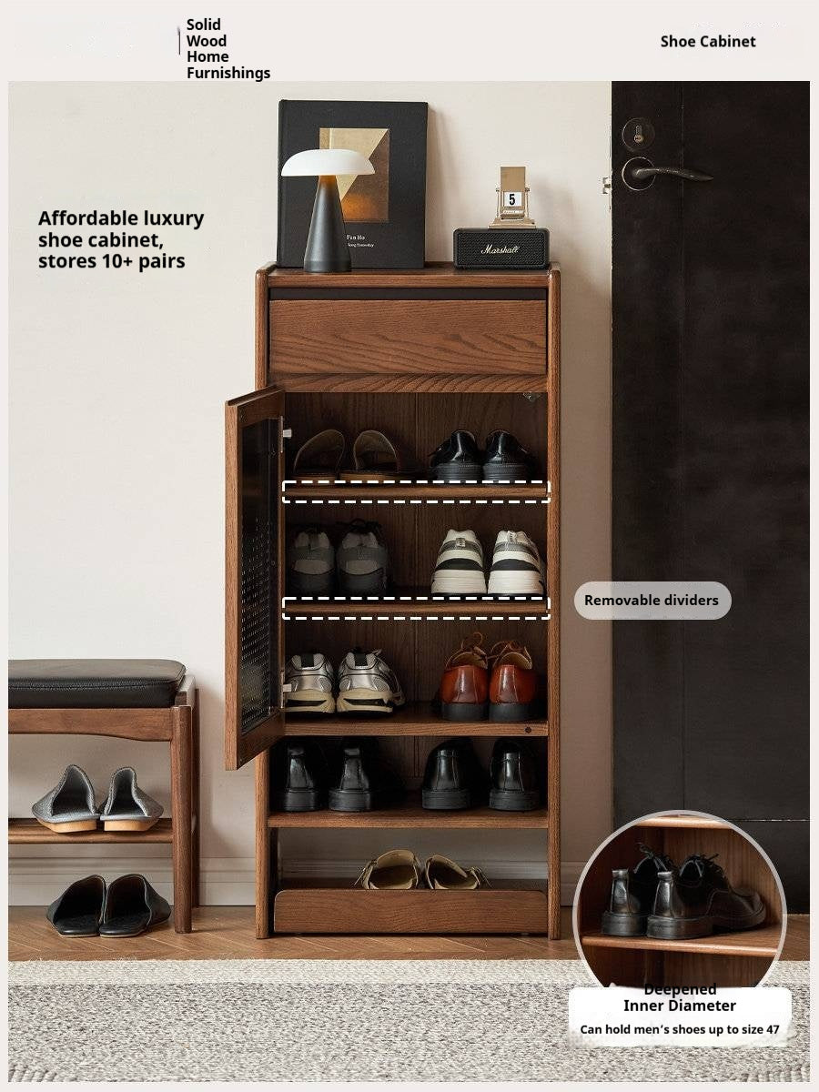 Oak Solid Wood Narrow Shoe Storage Cabinet with Flip-Top Compartment and Perforated Metal Door