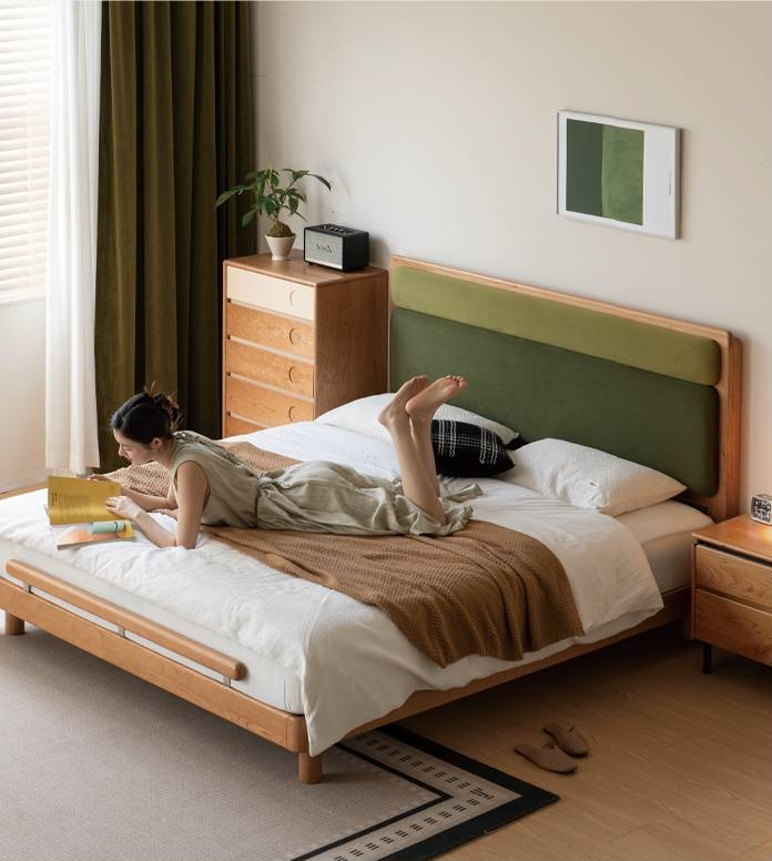 Cherry Solid Wood Fabric Soft Backrest Bed Modern Minimalist