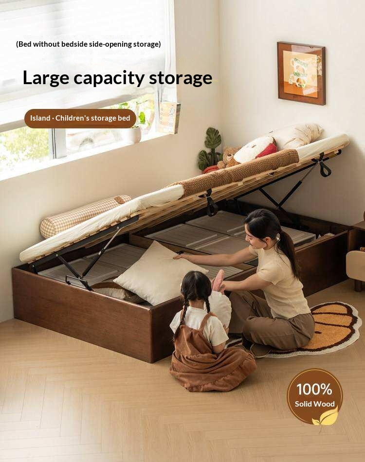 Rubberwood Solid Wood Storage Bed with No Headboard and Side-Opening Lid