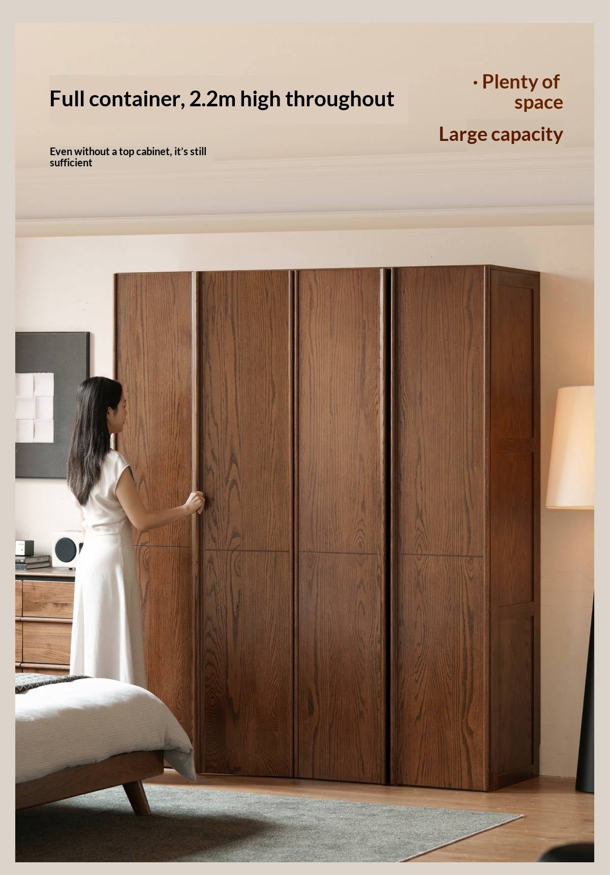 Oak Solid Wood Wardrobe with Italian Light Luxury Style and Double Doors