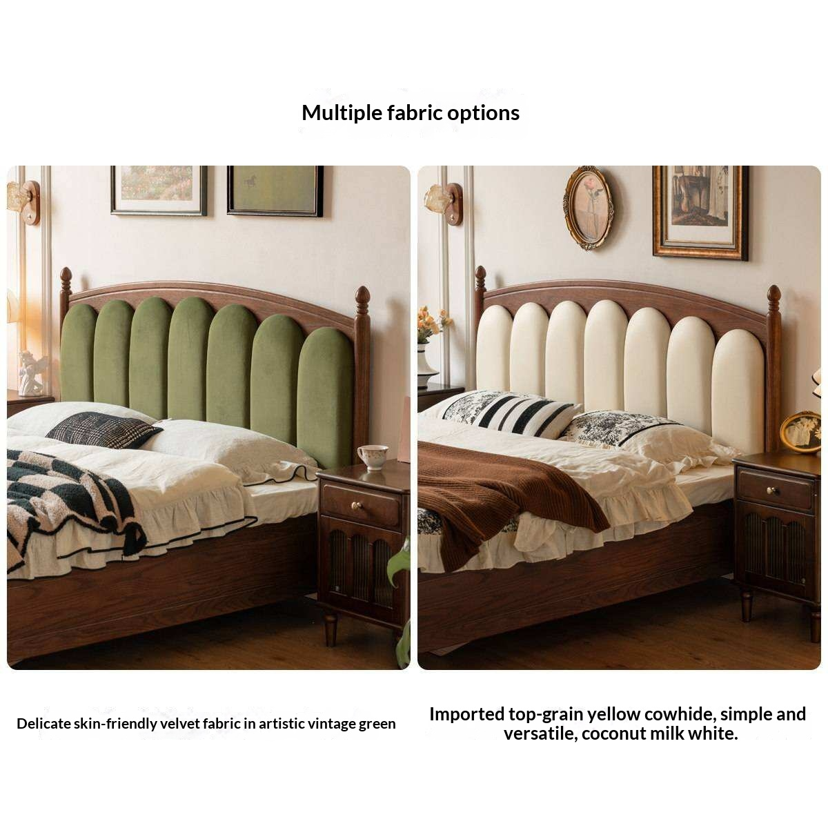 Oak Solid Wood Box Bed with Upholstered Vertical Channel Tufted Arched Headboard