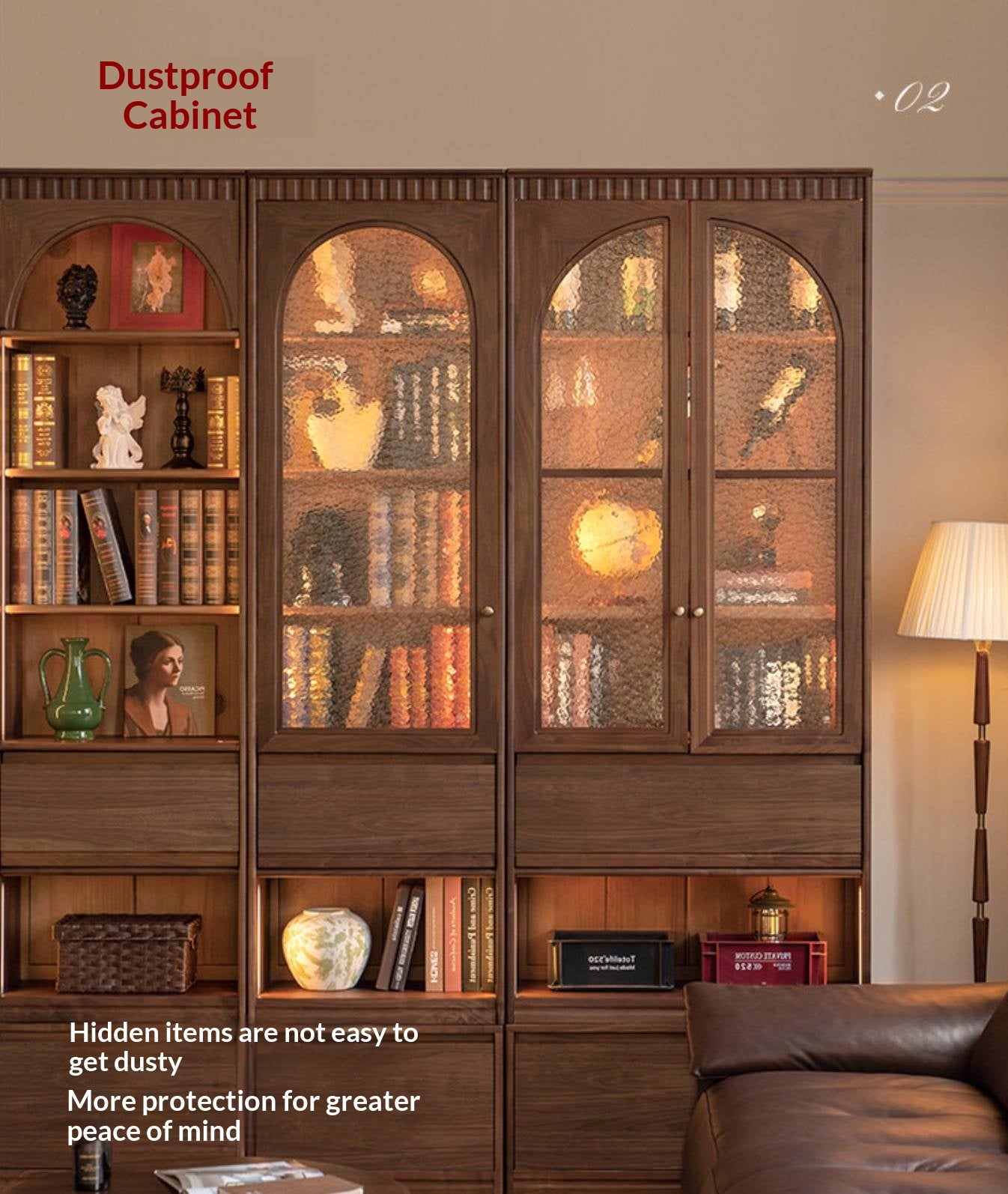 Black Walnut, Solid Sandalwood Arched Vintage Bookcase with Glass Door and Storage Drawer